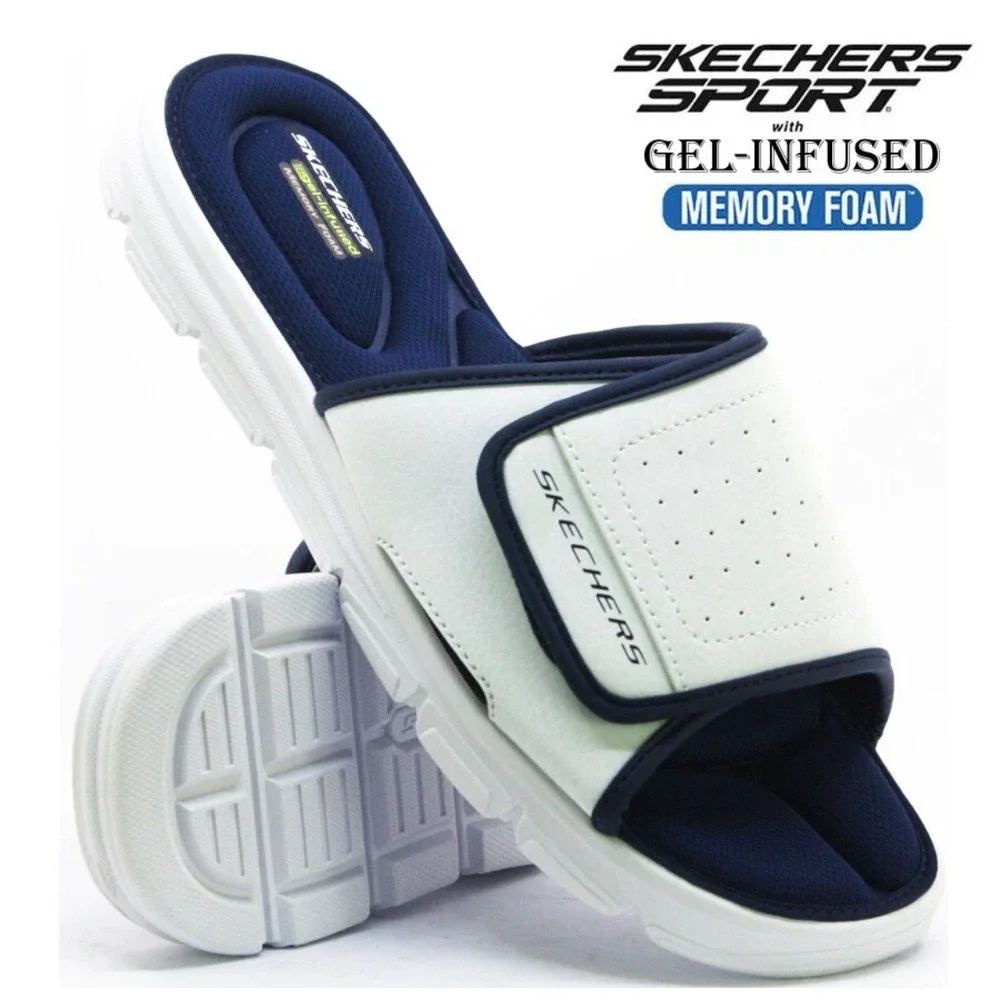 Skechers Mens Gel-Infused Memory Foam Slide Sandals White Navy Size 12